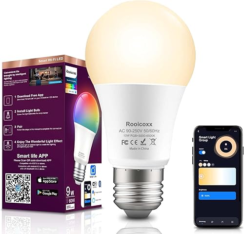 Bombilla inteligente, bombilla LED E26 A19 para Alexa y Google Assistant, 800LM 10W cambio a todo color regulable, Bluetooth y Wi-Fi, control remoto