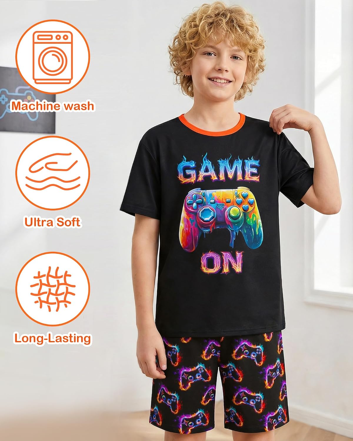 Boys 2 Piece Pajamas, Kids Short Summer Sleepwear Set, Boys Cozy Short Sleeves and Shorts PJs Size 8-14