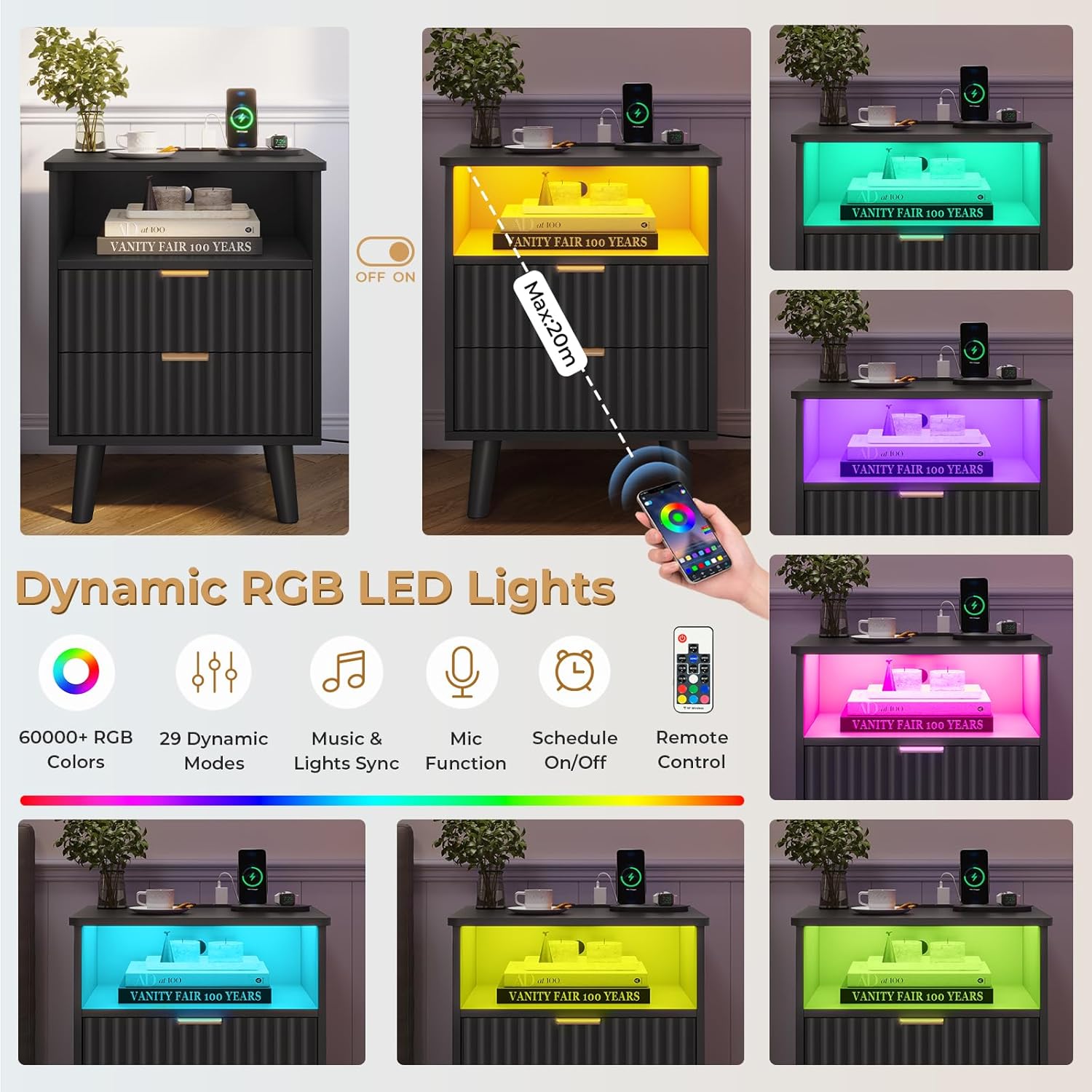 VIAGDO Fluted Nightstand with Charging Station and LED Lights, Modern Night Stand with 2 Drawers and Open Storage Cabinet, Bed Side Table with Gold Metal Handle for Bedroom, Black