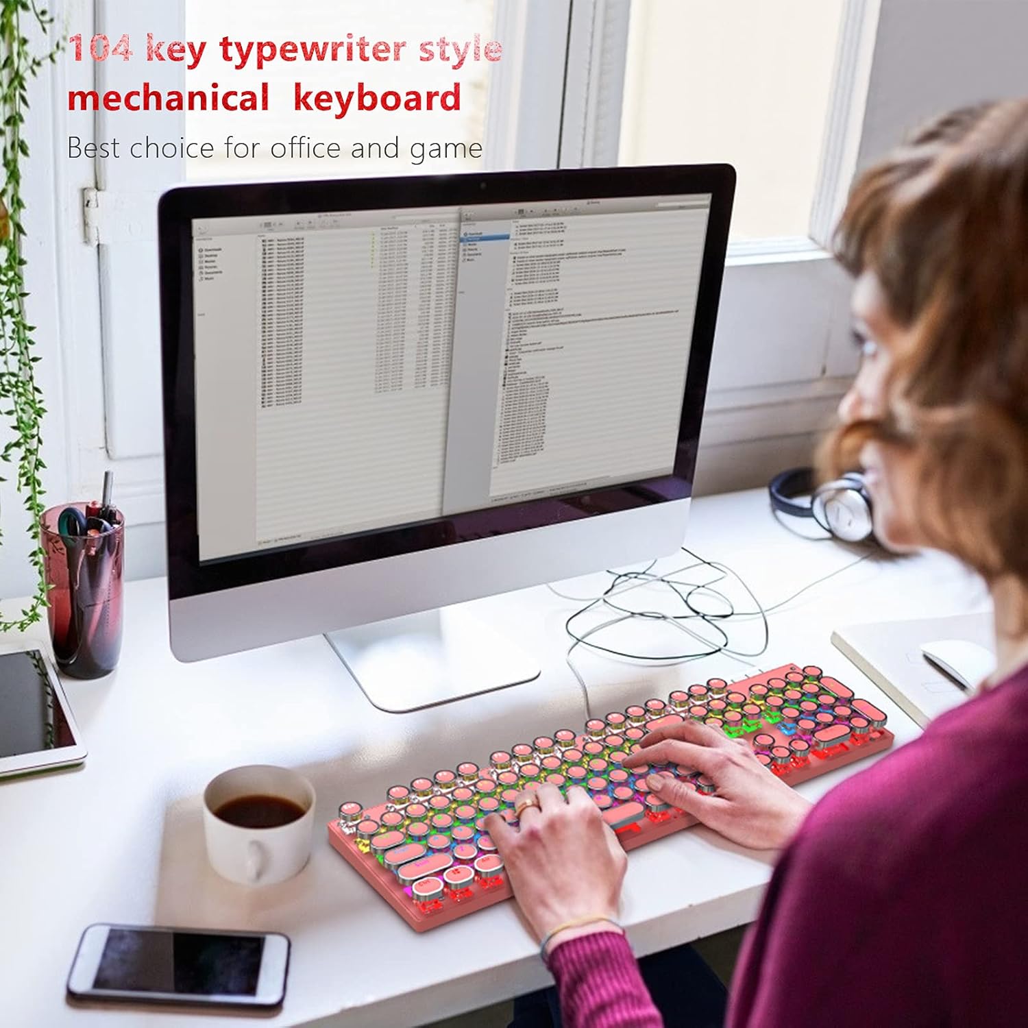 Gaming Keyboard,Pink Retro Punk Typewriter Style,Mechanical Keyboard 104 Keys Blue Switch with 9 True RGB Backlight Modes,Wired Cute Keyboard, Round Keycaps for Windows/Mac/PC