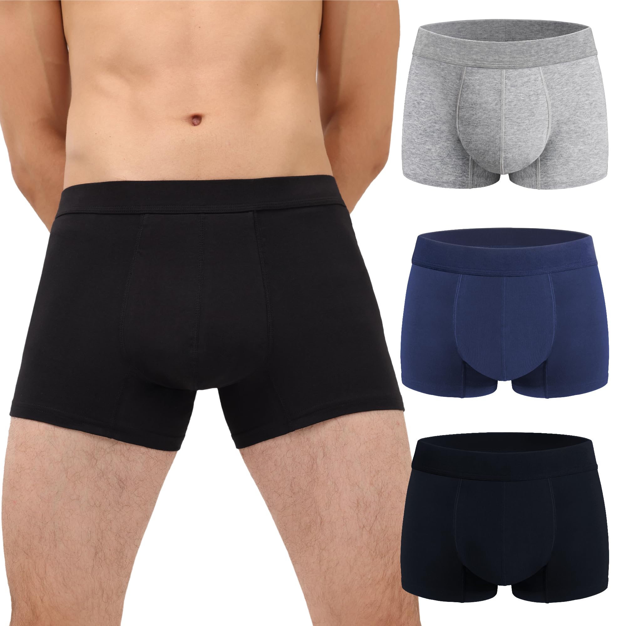 IRISMORII Mens Incontinence Underwear Adult Washable Bladder Control Brief 60 ML Absorbency Leak Proof Boxer Brief 3 Pack (Black Gray BlueL)