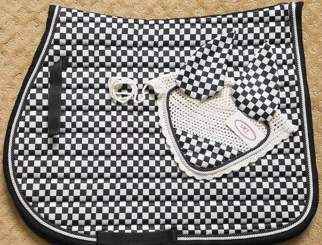 New Horse English Saddle Pad Set Matching Fly Bonnet Veil Ear Net Polyester Hand Made Crochet Full Size Equestrian Shows Tack (Full/Horse)
