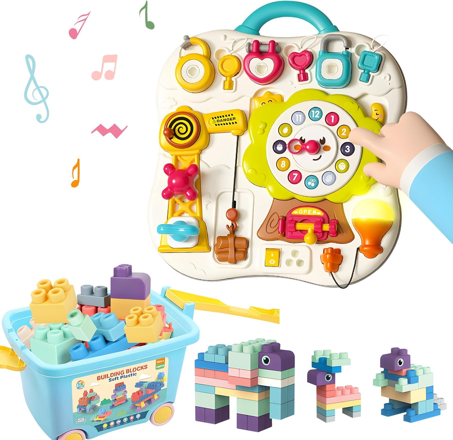 100PCS Baby Blocks Set with Storage Bucket, Building Block Toys STEM Educational Toddler Gifts and Montessori Busy Board Sensory Toys for Toddlers 1-3, 13 Activity Music & Led Light Up Montessori Toys