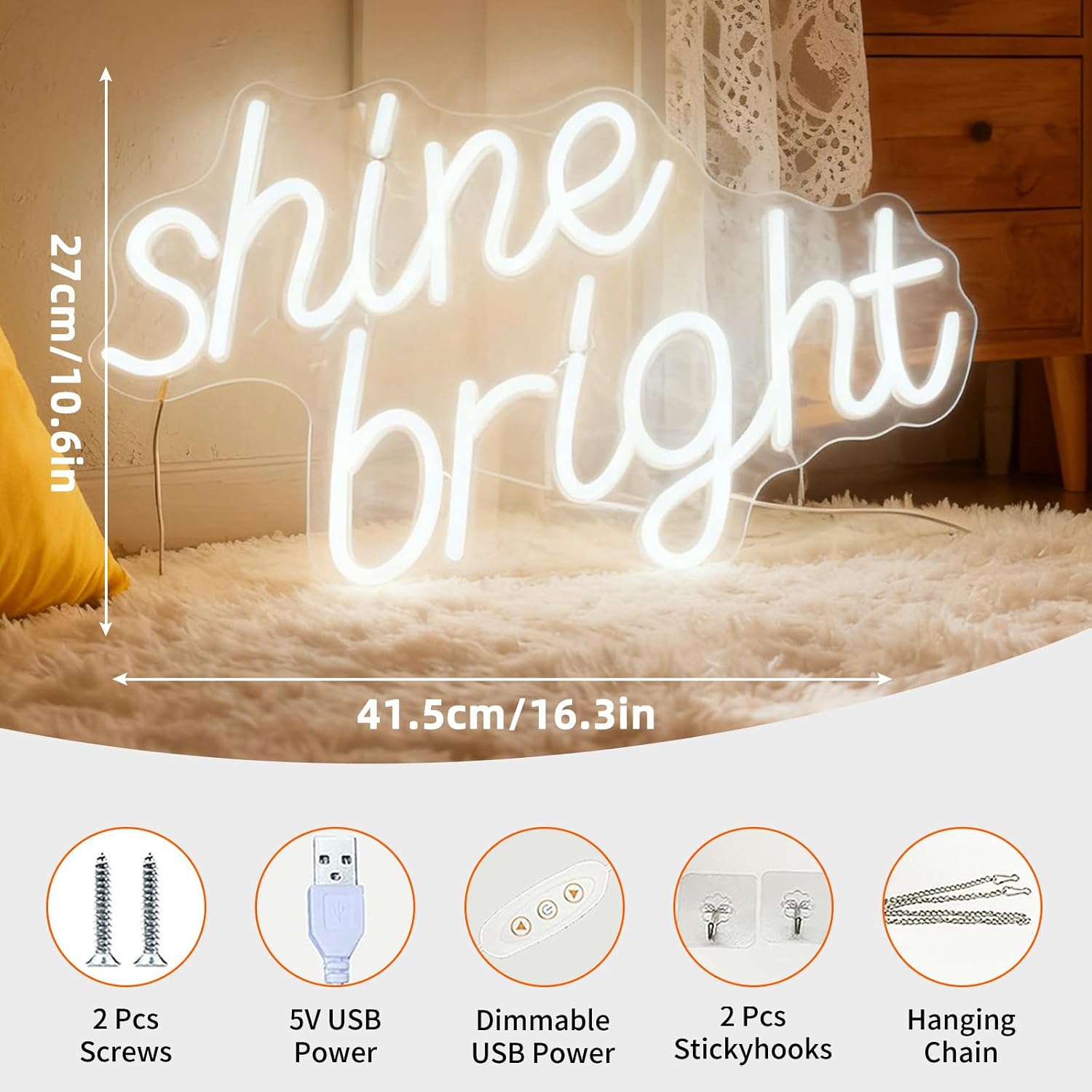 Shine Bright White LED Neon Sign, USB Powered Dimmable Decorative Neon Light Home Bedroom Living Room Decor Ambiance Gift Wall Table Light Up Sign 16.3 x 10.6 In