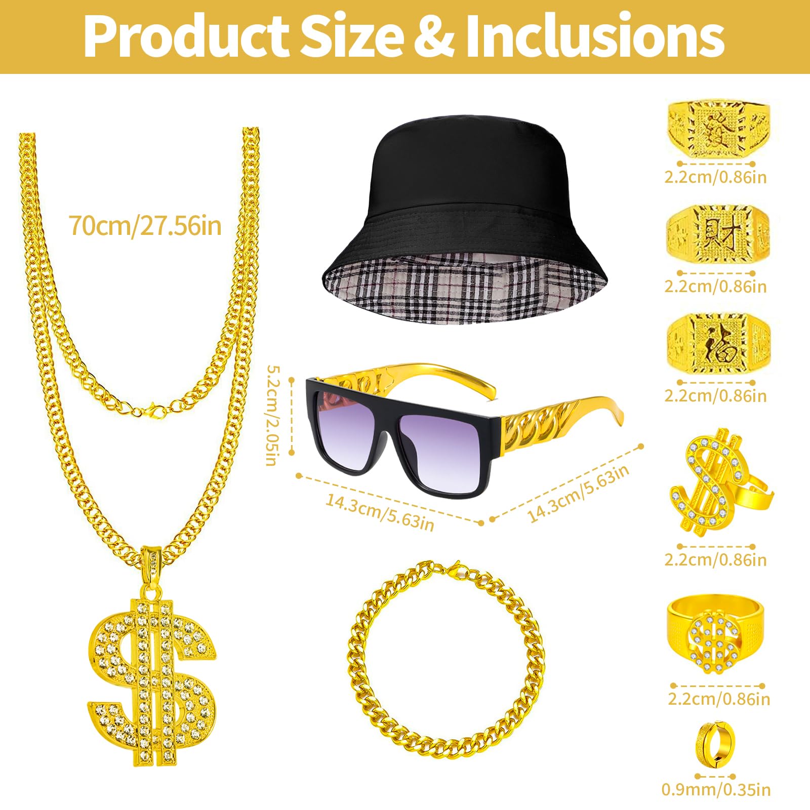FICOFISE 10PCS Hip Hop Party Decorations Set 90s Fancy Dress Men Rapper Costume Kit with Fake Gold Chain, Dollar Necklace - Image 2
