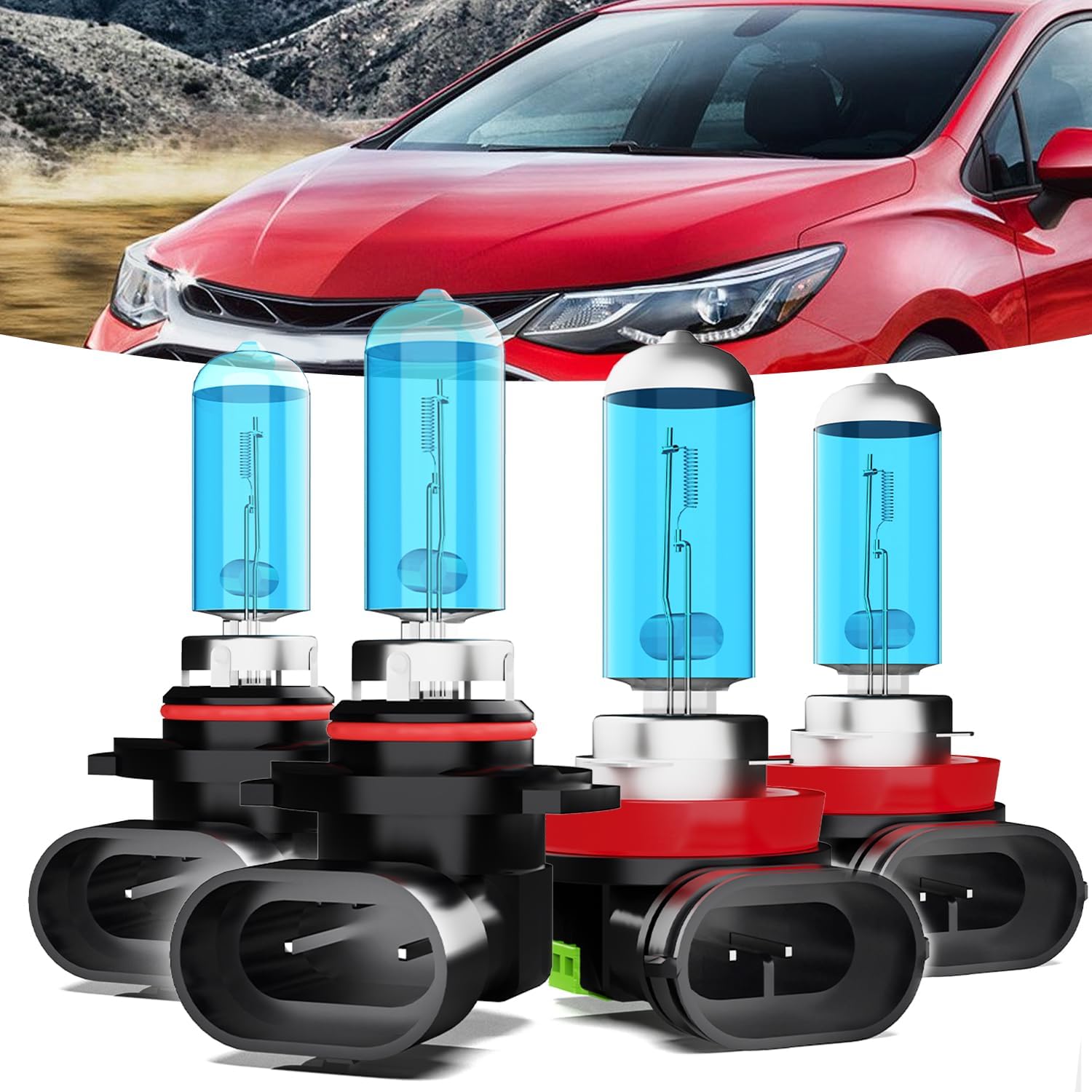 Headlights Fit for Chevrolet Chevy Cruze 2016-2019 Halogen Headlight Bulbs,9005/HB3/H10 High Beams+ H11/H8/H9 Low Beams Bright Front Lights,Plug And Play,Pack of 4