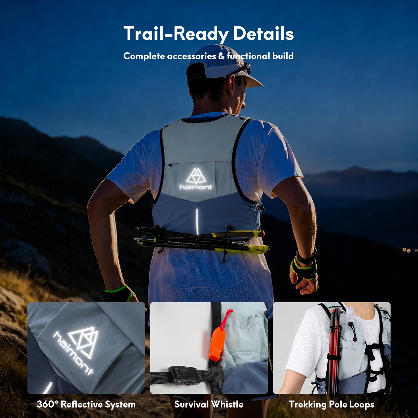 Haimont Gilet da corsa con borracce per donne e uomini, regolabile, leggero, 8 l, con fiaschette morbide, per trail running