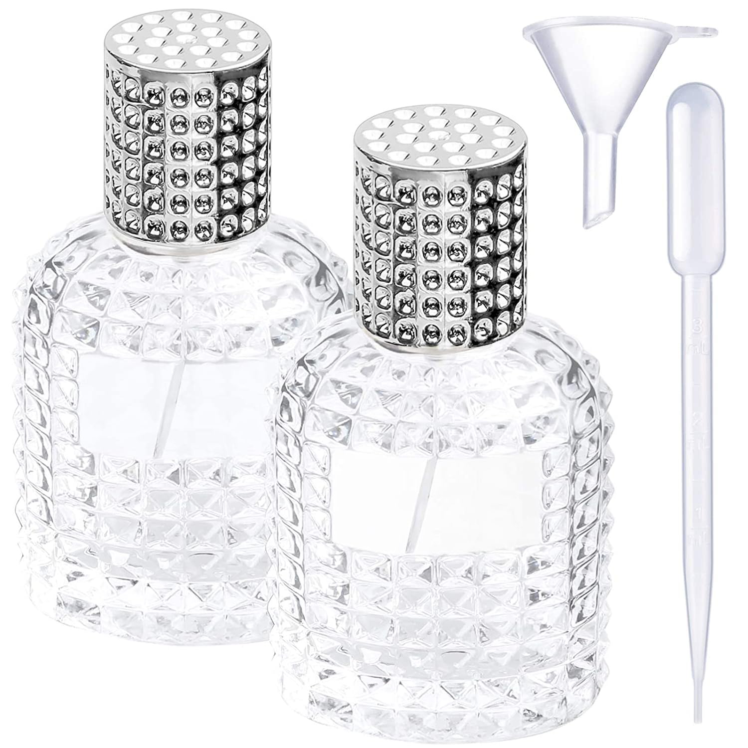 ATB-Foger 2x30 ml Perfume Atomizer, Refillable Glass Perfume Bottles, Crystal Art Pineapple Design, Silver Cap, Includes Funnel and Dropper