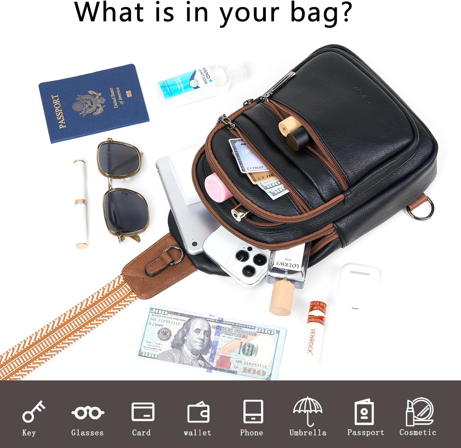 Sling Bag for Women Crossbody Fanny Pack Belt Bag Sling Purse Vegan Leather Trendy Travel Anti Theft Brown/Black - Image 8