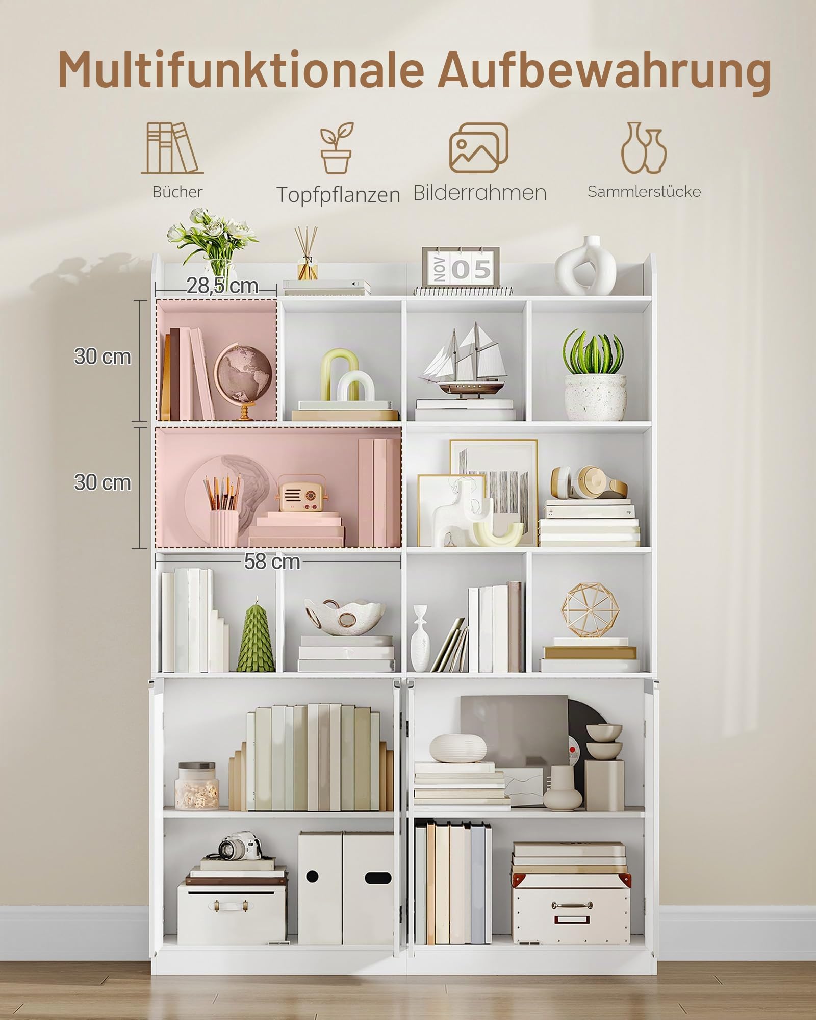 Hzuaneri Bücherregal 10 Fächer 4 Türen Standregal, 30 x 120 x 180 cm, Weiß | freistehend, 4-türiger Unterschrank, Aufbewahrungsregal, für Wohnzimmer Büro Schlafzimmer, BC46503X
