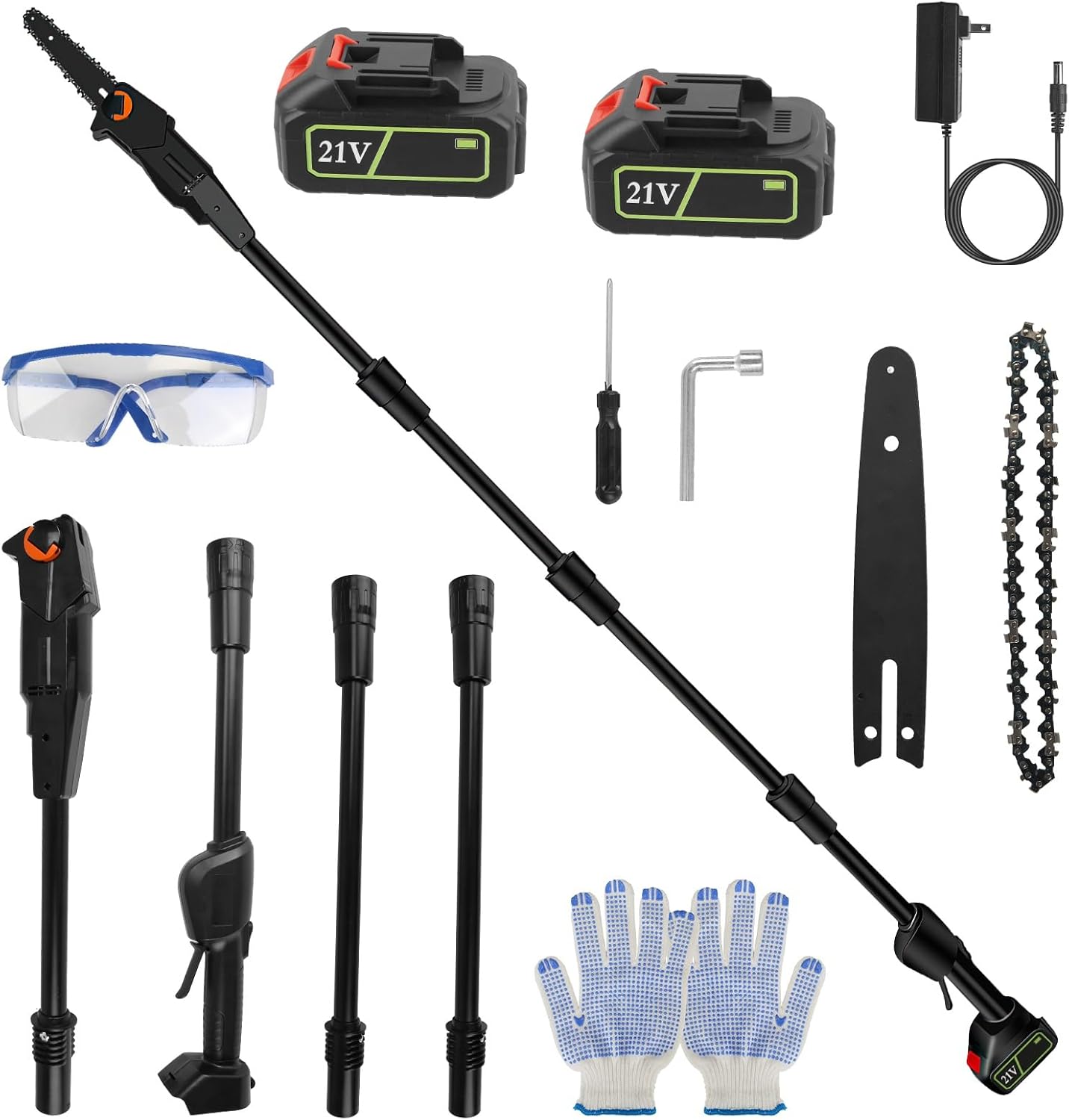 Cordless Pole Saw, 6-Inch Electric Pole Chainsaw with 21V 2PCS 3.0Ah Batteries, 35FT/S High-Speed, 13.4FT Max Reach, Adjustable Multi-Angle Pole Saw for Tree Trimming & Branch Pruning