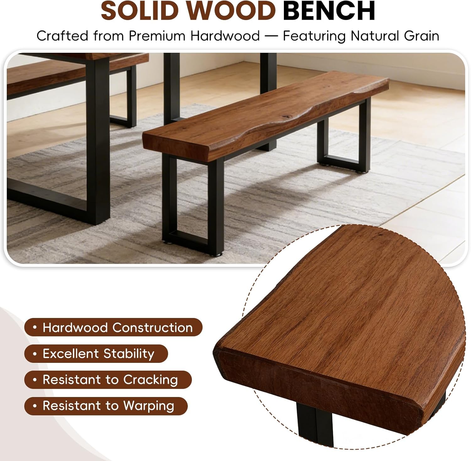 Solid Wood Dining Bench with Metal Legs, Live Edge Style Wooden Bench for Dining Table, Entryway, Bedroom or Hallway, Modern Rustic Furniture