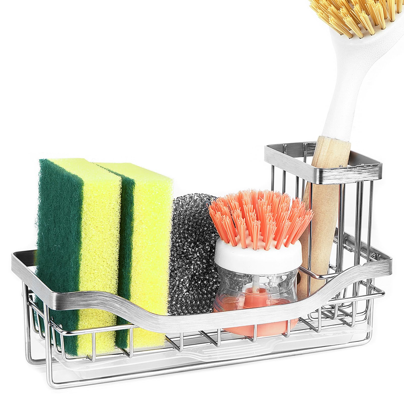 Adorila Kitchen Sink Caddy Organizer, Stainless Steel Sponge Holder with Drain Tray, Kitchen Sink Organizer Rack for Countertop