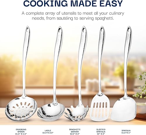 Miniatura 2 de Juego de utensilios de cocina de acero inoxidable de 5 piezas, utensilios de cocina de metal, espátula, cucharón, espátula ranurada, servidor de
