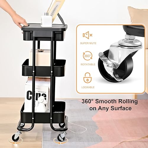 Miniatura 4 de TOOLF Carrito de almacenamiento con ruedas con cajón y mesa, carrito utilitario de metal de 3 niveles, organizador de carrito rodante para