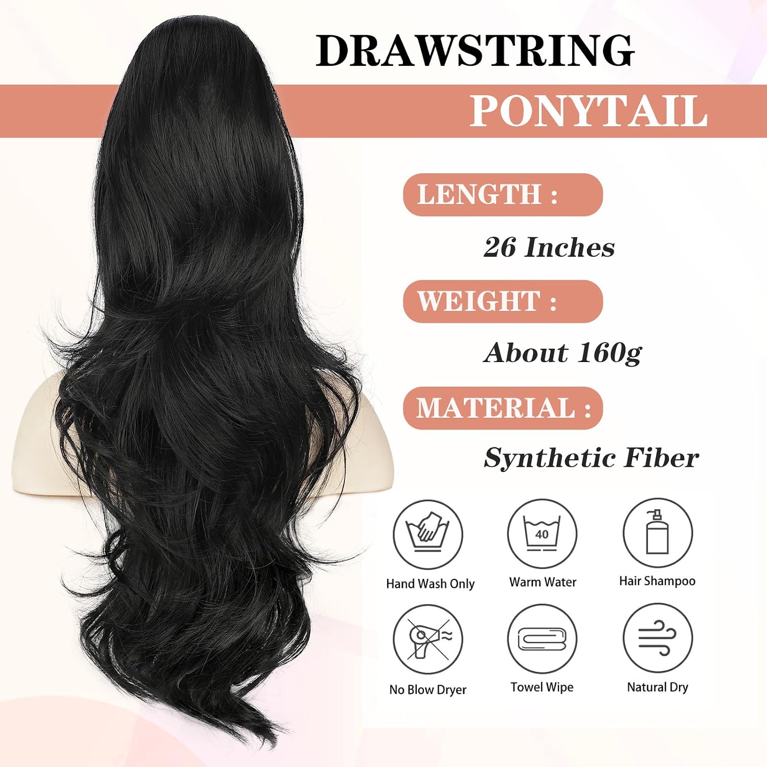 BOGSEA Ponytail Extension 26 Inch Drawstring Ponytail Extension for Women Long Wavy Hair Extensions for Daily Use(1B)