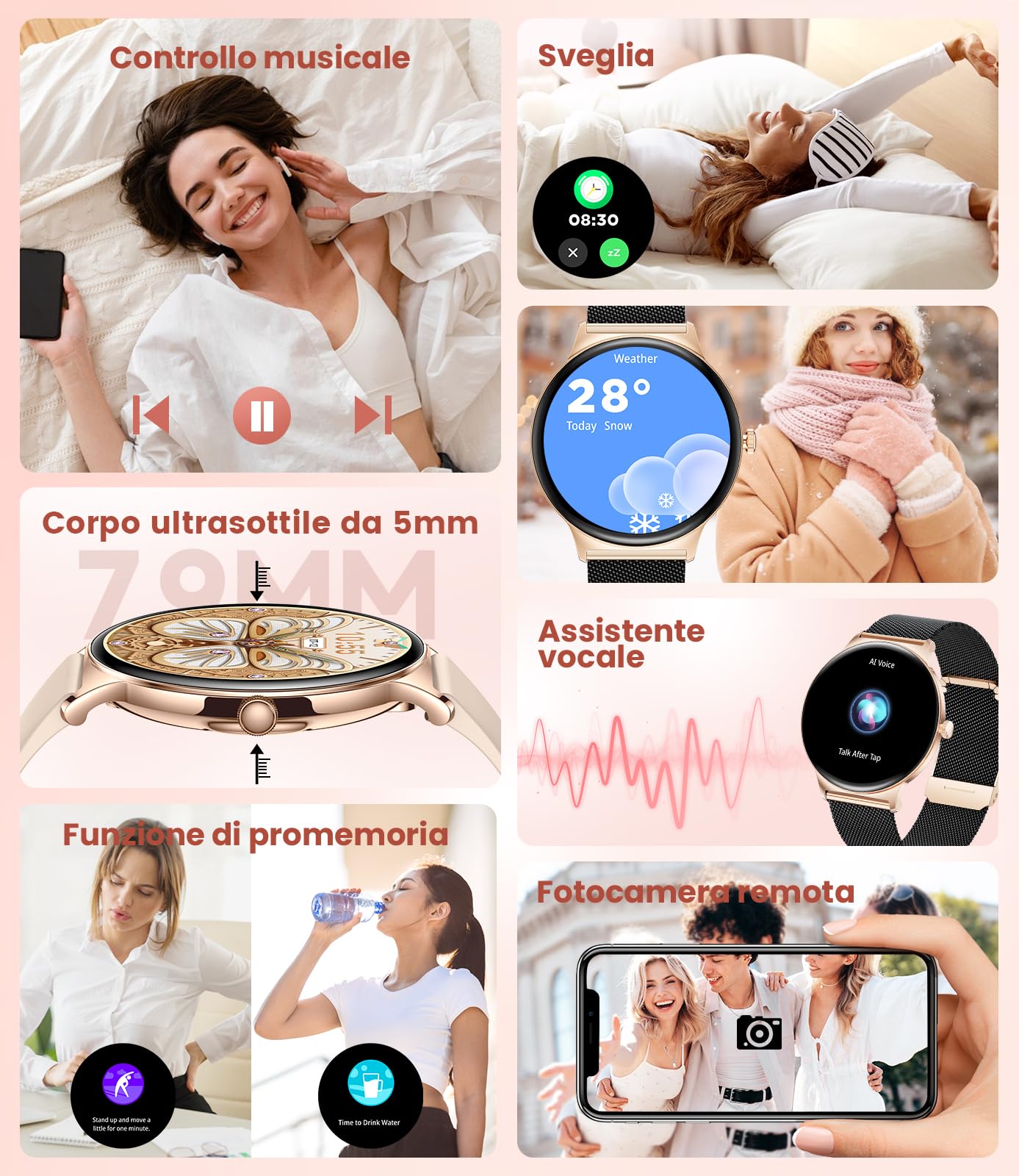 Smartwatch Donna, 1,43" AMOLED Ultra-sottile 7,9 mm Orologio Fitness 2 Cinturini,Chiamata Bluetooth,100+ Modalità Sportive,24H Cardiofrequenzimetro,Monitoraggio Sonno,IP68 Impermeabile,Con Android iOS