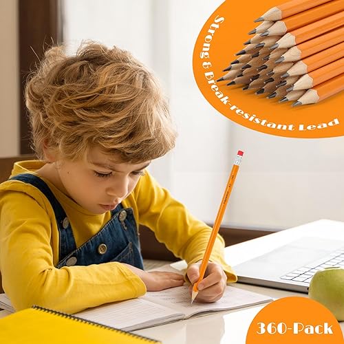 Miniatura 6 de Hapikalor Paquete de 360 lápices amarillos afilados #2 con borradores, paquete a granel de lápices de grafito para escuela, aula, suministros para