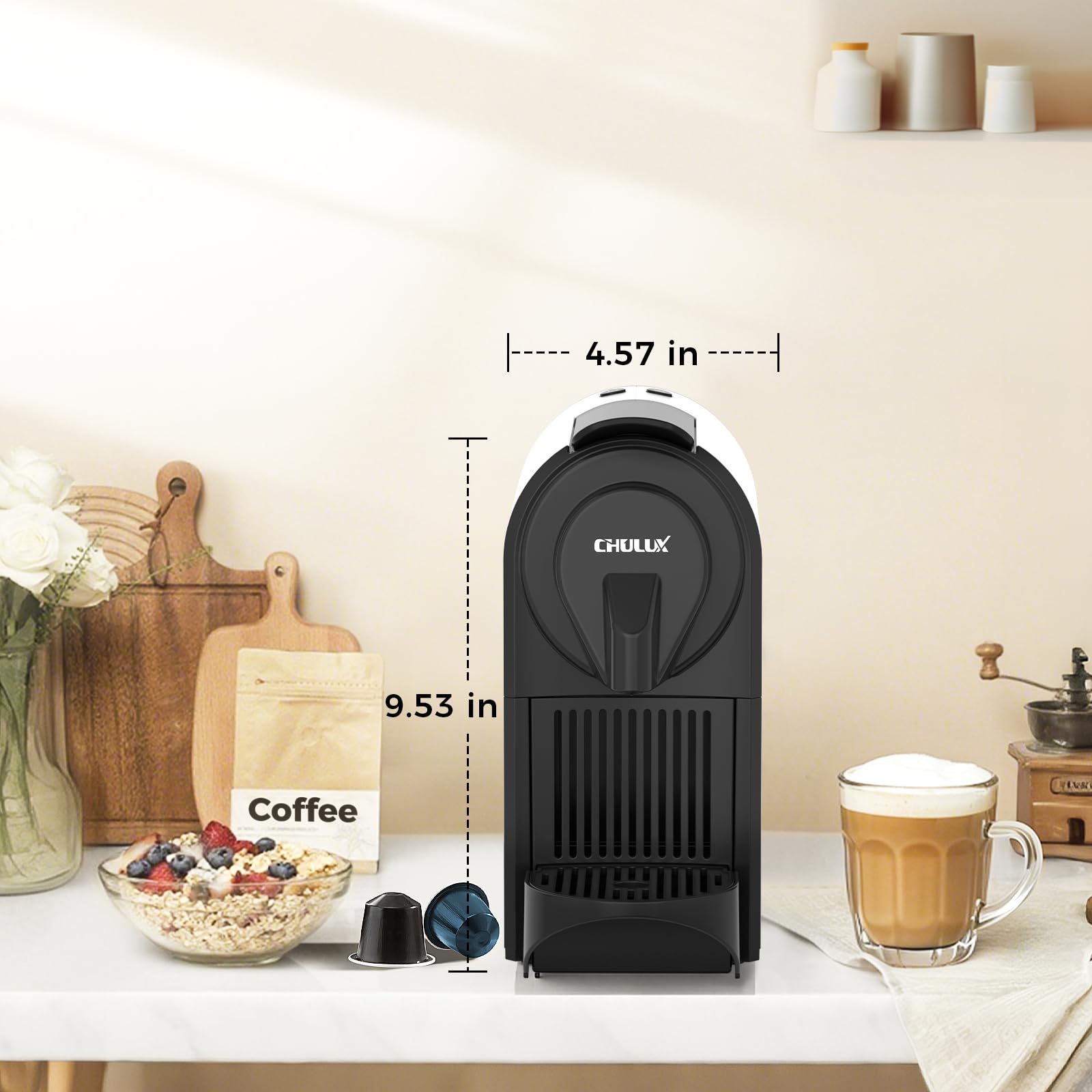 CHULUX Mini máquina de café espresso para cápsulas Nespresso, cafetera de 20 bar, 1400 W, color blanco