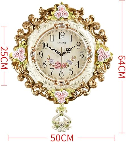 Miniatura 6 de TUUWAI Reloj de pared Silencioso Estilo Europeo Sala de estar Decoración del Hogar Dormitorio Relojes de Cuarzo Flor Tallado Retro Swing Reloj