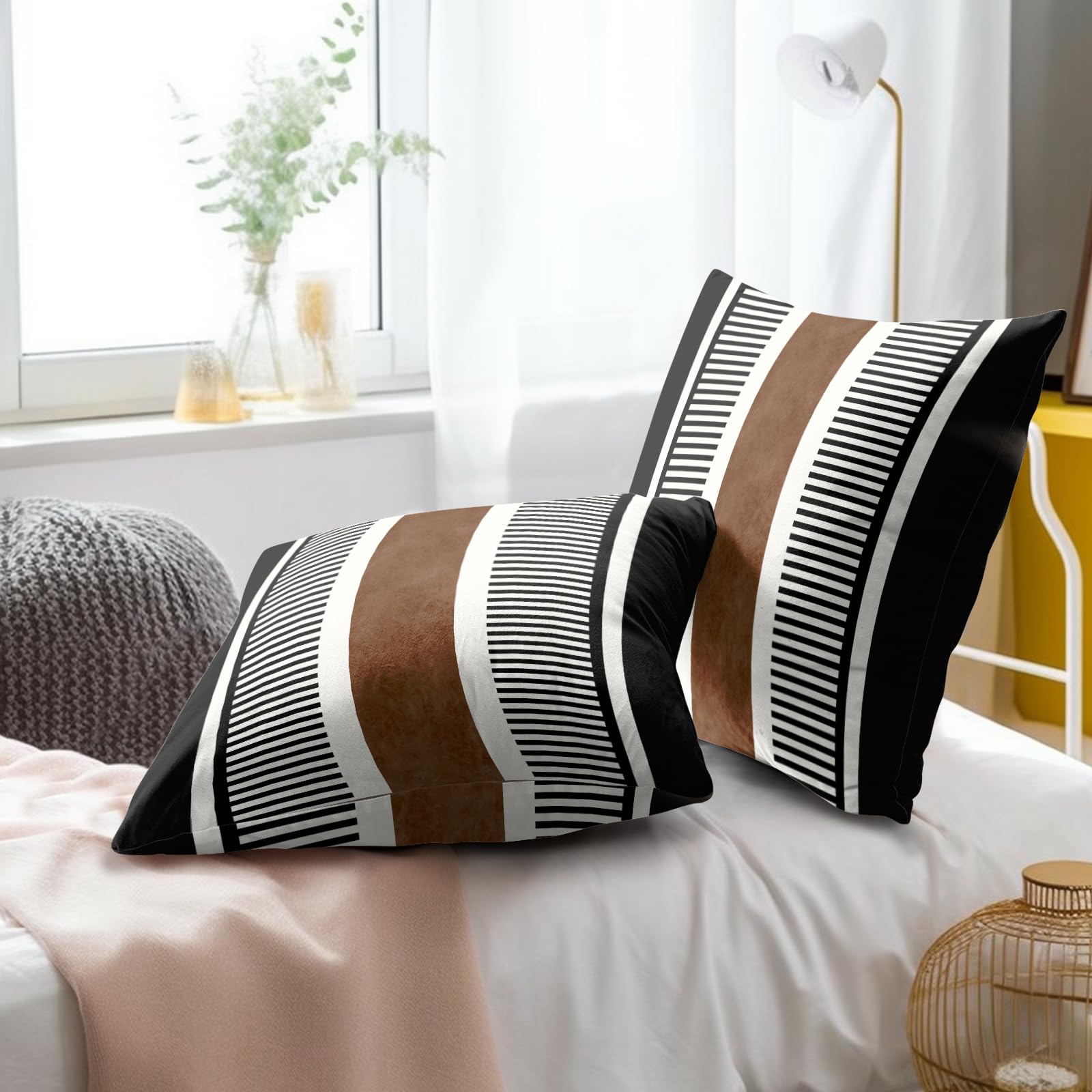 2er-Set Boho-Kissenbezüge 45,7x45,7 Cm - Klassisch Blau-beige Gestreift, Baumwolle-Polyester, Für Sofa, Stuhl & Wohnzimmer-Deko