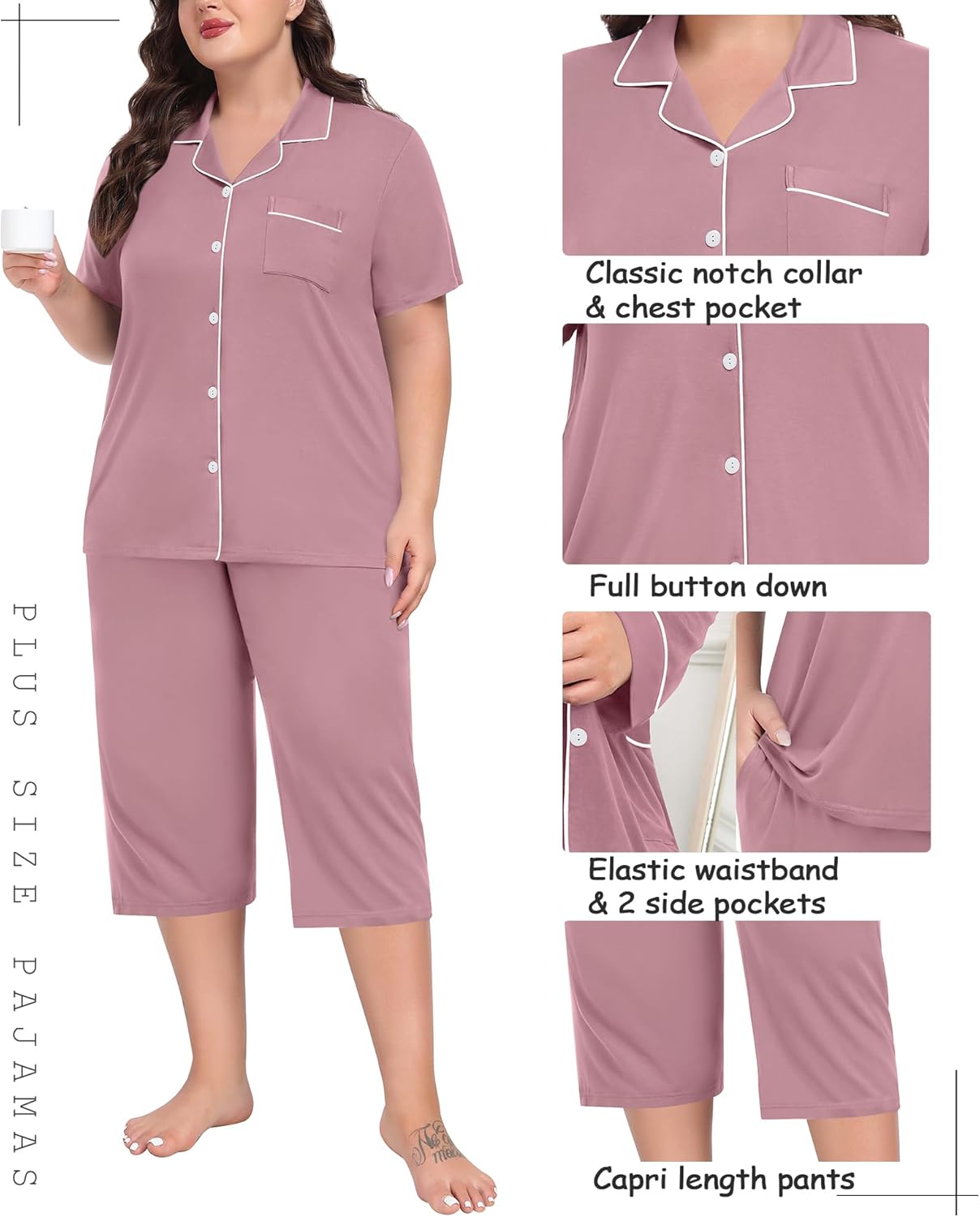 SWOMOG Capri Pajama Women's Plus Size Pajamas Set Short Sleeve Button Down Sleepwear Soft Pants Lounge Sets 2-Piece Pjs - Image 4