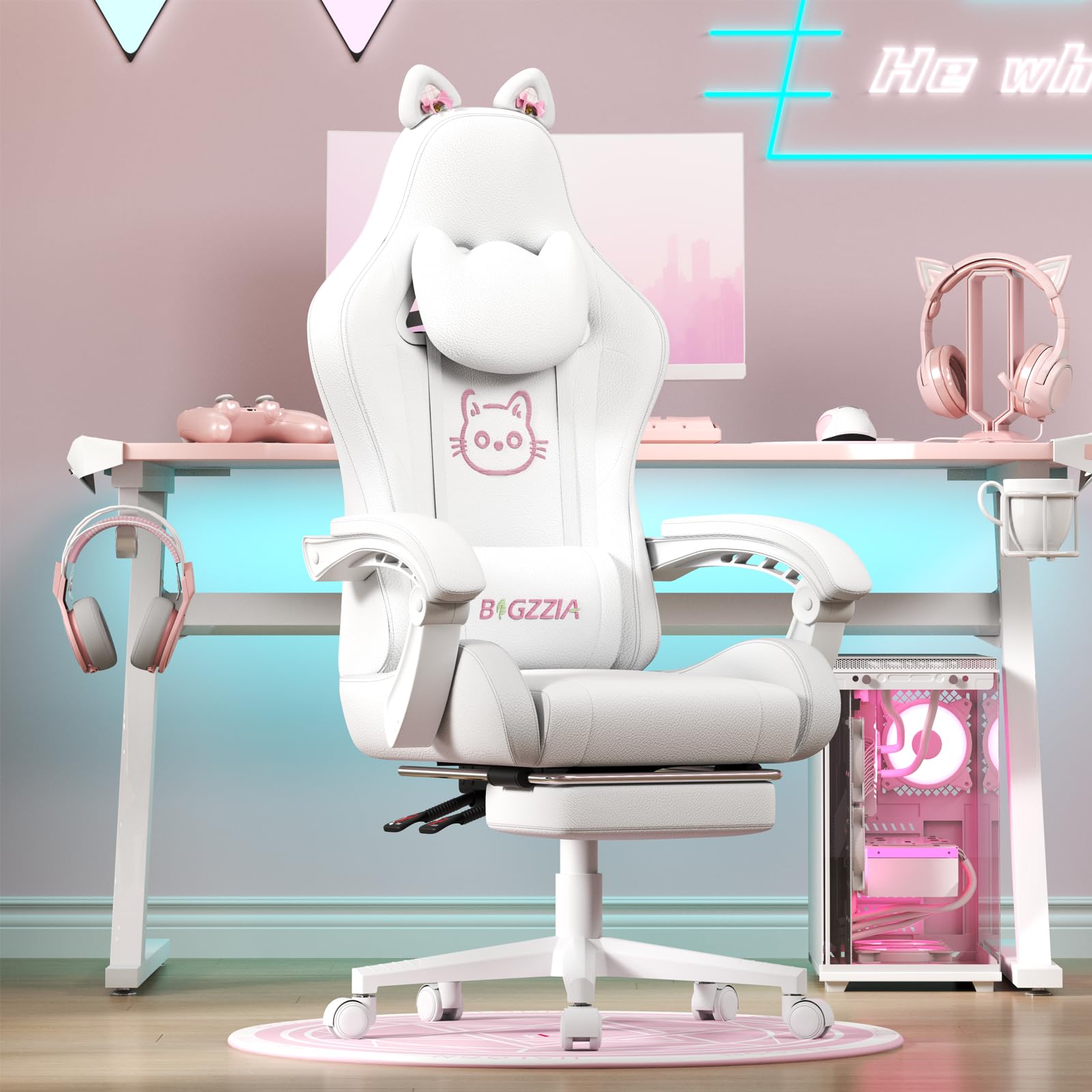 Racingreat Gaming-Stuhl mit Katzenohren und Massagefunktion (Weiß) | PC Gaming Chair mit Cat-ear massage, PU-Leder, Memory-Schaum, 90°–135° Neigungswinkel, Frauen Erwachsene Gamer Büro Pause