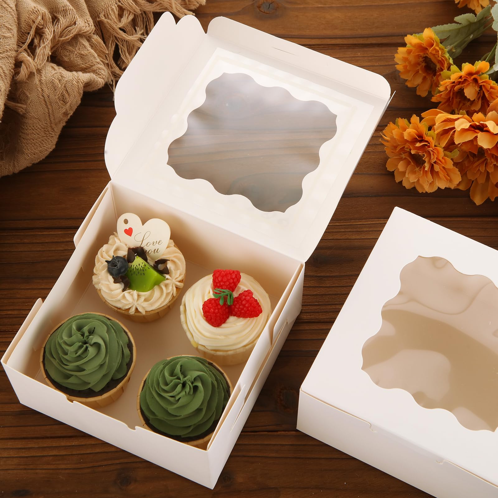 YAYODS Confezione da 100 scatole per biscotti da 15,2 x 15,2 x 7,6 cm, con finestra, scatole bianche con adesivi, per dessert, pasticceria, ciambelle, cupcake singoli, prodotti da forno