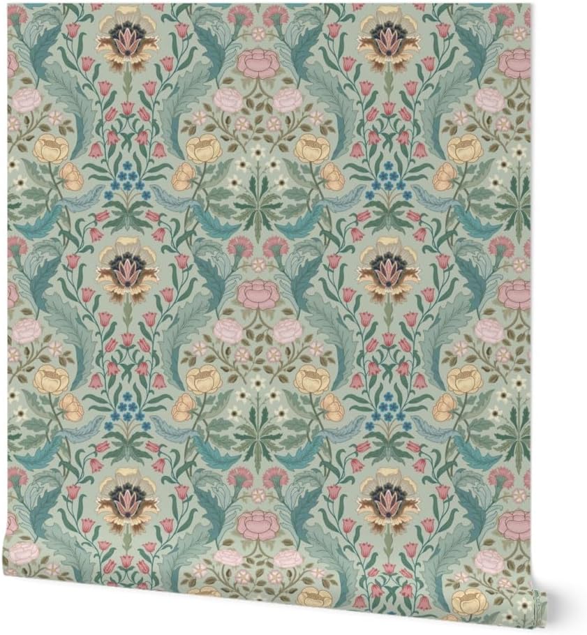 Spoonflower Removable Wallpaper Swatch - Arts and Crafts Victorian Floral Vintage Rose Damask Carnations Soft Green Medium Scale Traditional Custom Pre-Pasted Wallpaper