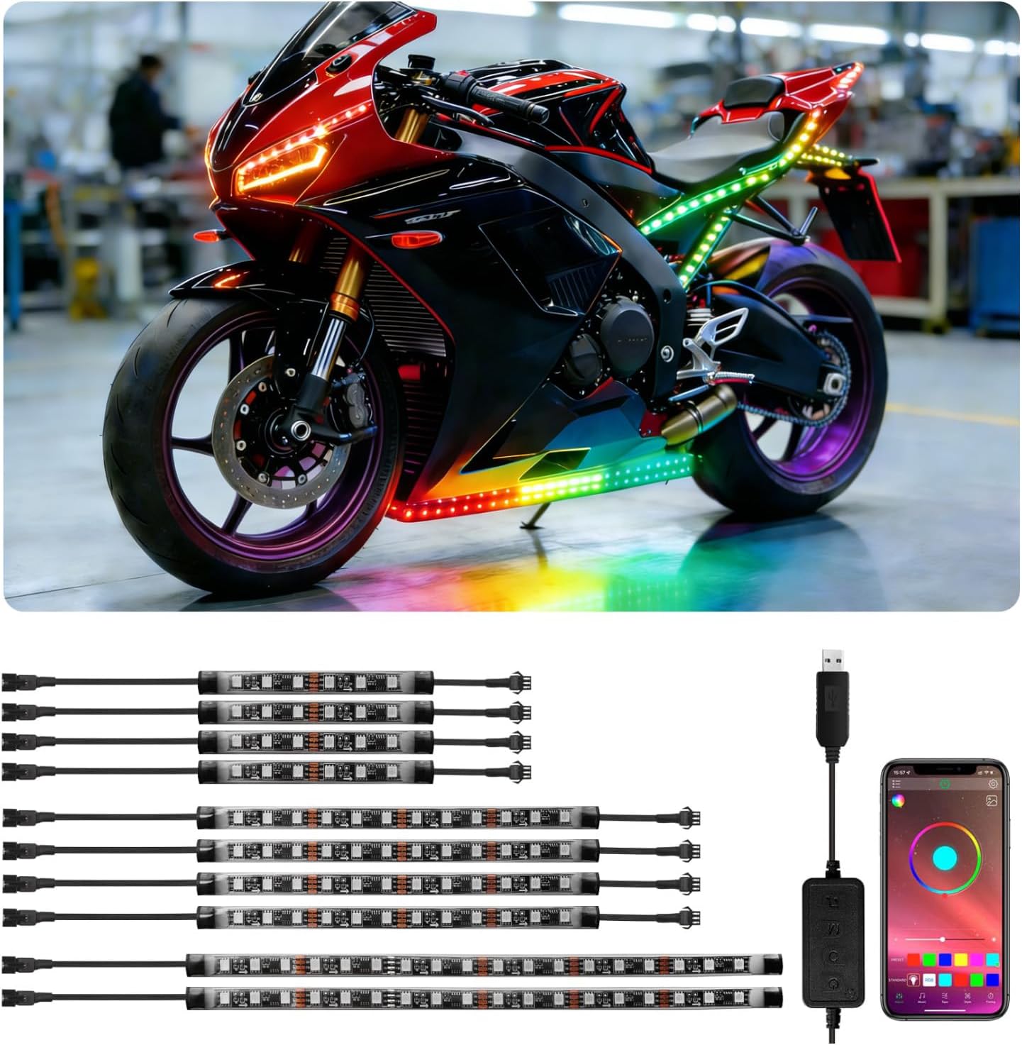 12Pcs Motorcycle LED Underglow Kit, RGB LED Strips Lights, Motorcycle Underglow Lights Kit with APP Control for Harley Davidson Honda Kawasaki Suzuki