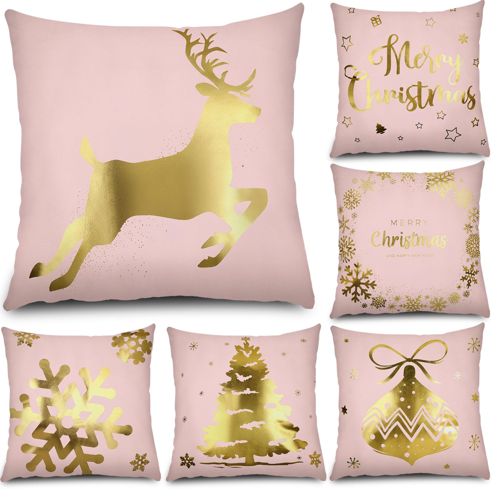 Tatuo 6 Piezas de Fundas de Almohada de Navidad Decorativas Cubiertas de Cojines Navideñas Festivales para Sofá Hogar Oficina Dormitorio Decoración Adorno, 45 x 45 cm (Rosado, Oro)