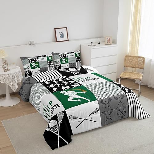 Miniatura 2 de Erosebridal Eat Sleep - Edredón de lacrosse para niños, jóvenes y adultos, ropa de cama matrimonial de jugador de lacrosse, juego de edredón con