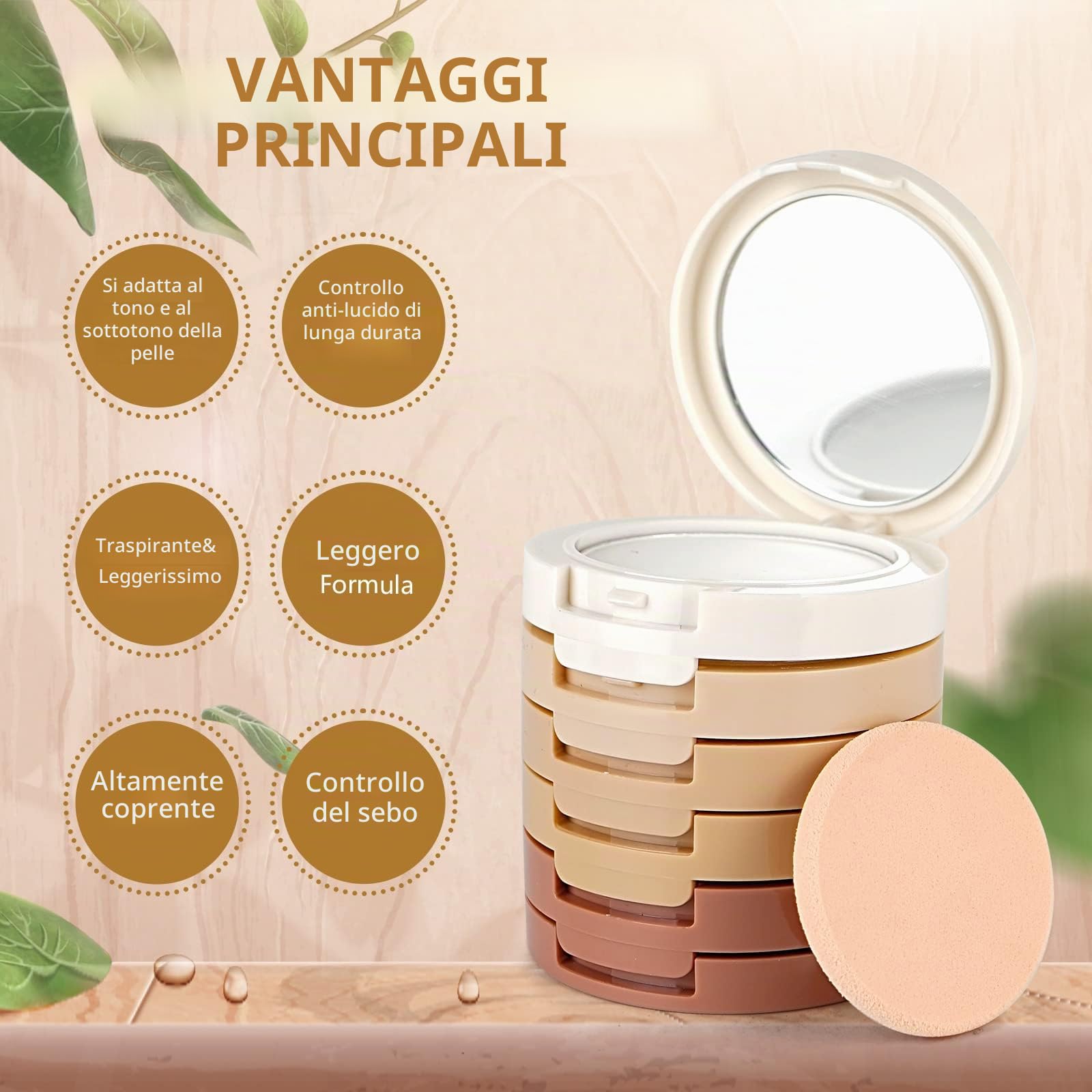 FantasyDay 5 Colori Ultra-Coprente e Opacizzante a Lunga Tenuta Fondotinta In Polvere Set di Trucchi Kit Bellezza Cosmetici Kit per Viso - Waterproof e Idratante Fondotinta Makeup Set