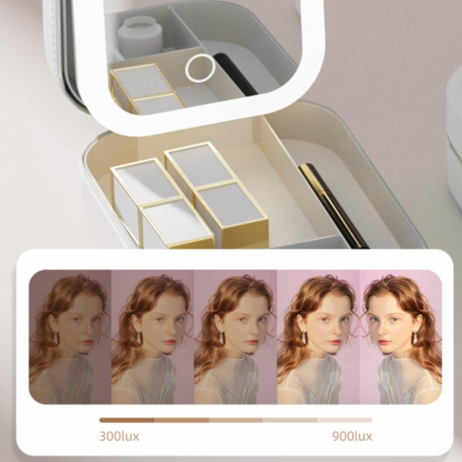 CRIVERY LED Three-Color Adjustable Makeup Mirror, Travel Portable Rechargeable Makeup Organizer with Led Lights, Waterproof Vanity Mirror Jewelry Box with Zipper, Multi-Compartment Storage(Green)