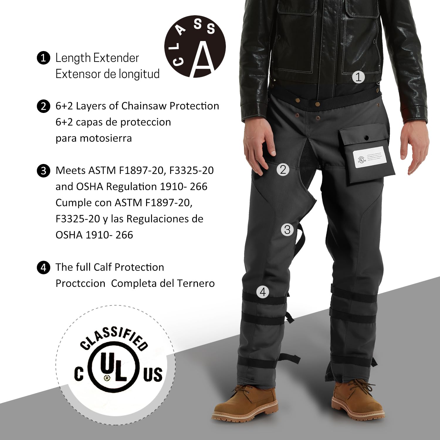 Delantal protector de 8 capas para motosierra, ajustable, para madereros, trabajadores forestales, clase A