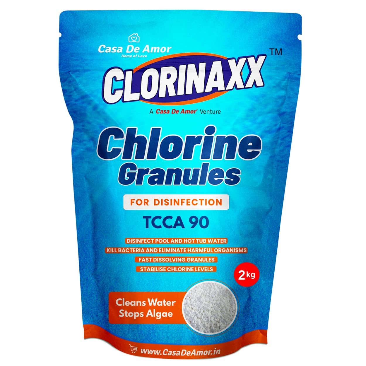 Casa De Amor Clorinaxx Swimming Pool Water Purifier Chlorine TCCA 90 Granules for Disinfection, Cleans Water and Stops Algae (2 kg) (B0CJR4WM58) Amazon Price History, Amazon Price Tracker