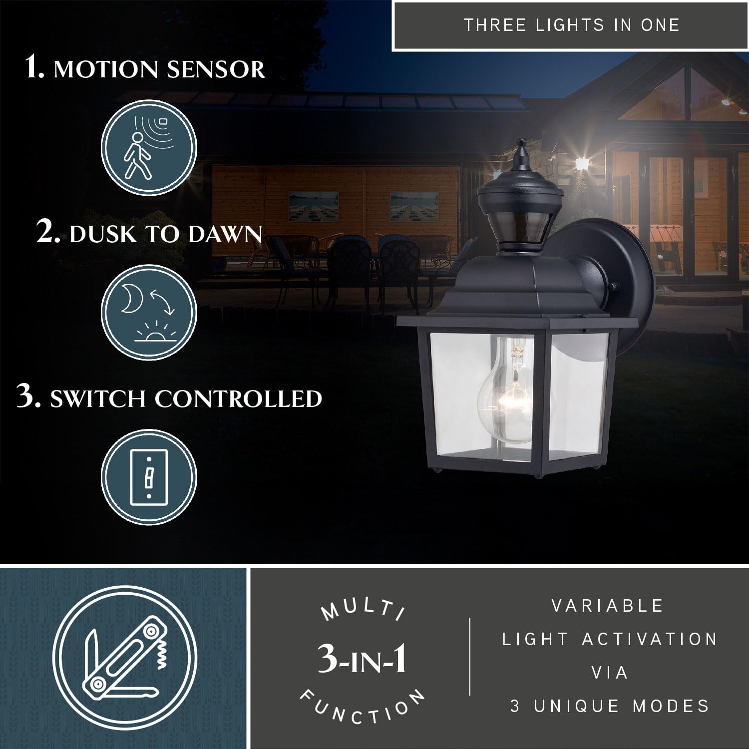 VAXCEL Bedford Aluminum 5.25-in. W 1 Light Black Motion Sensor Dusk to Dawn Outdoor Wall Lantern Clear Glass