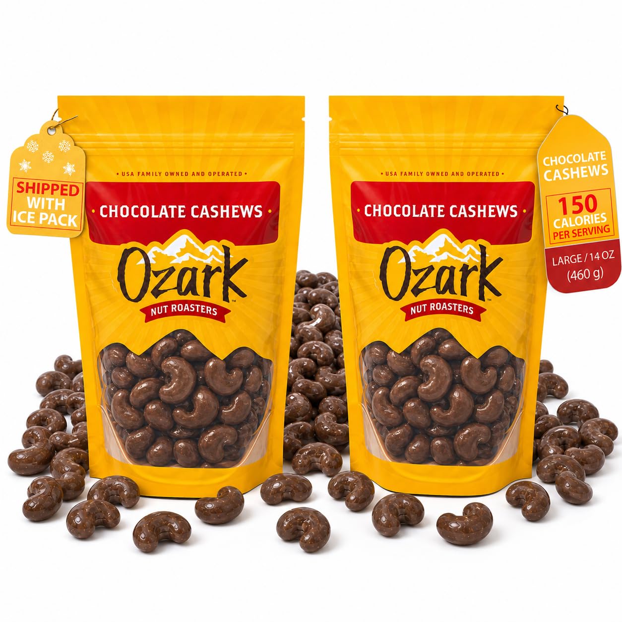 OZARK NUT ROASTERS, Chocolate Covered Cashews, Premium Chocolate Flavored Snacks, World-Class Gourmet Candied Nuts, Resealable Pack of 2 (14.0 oz)