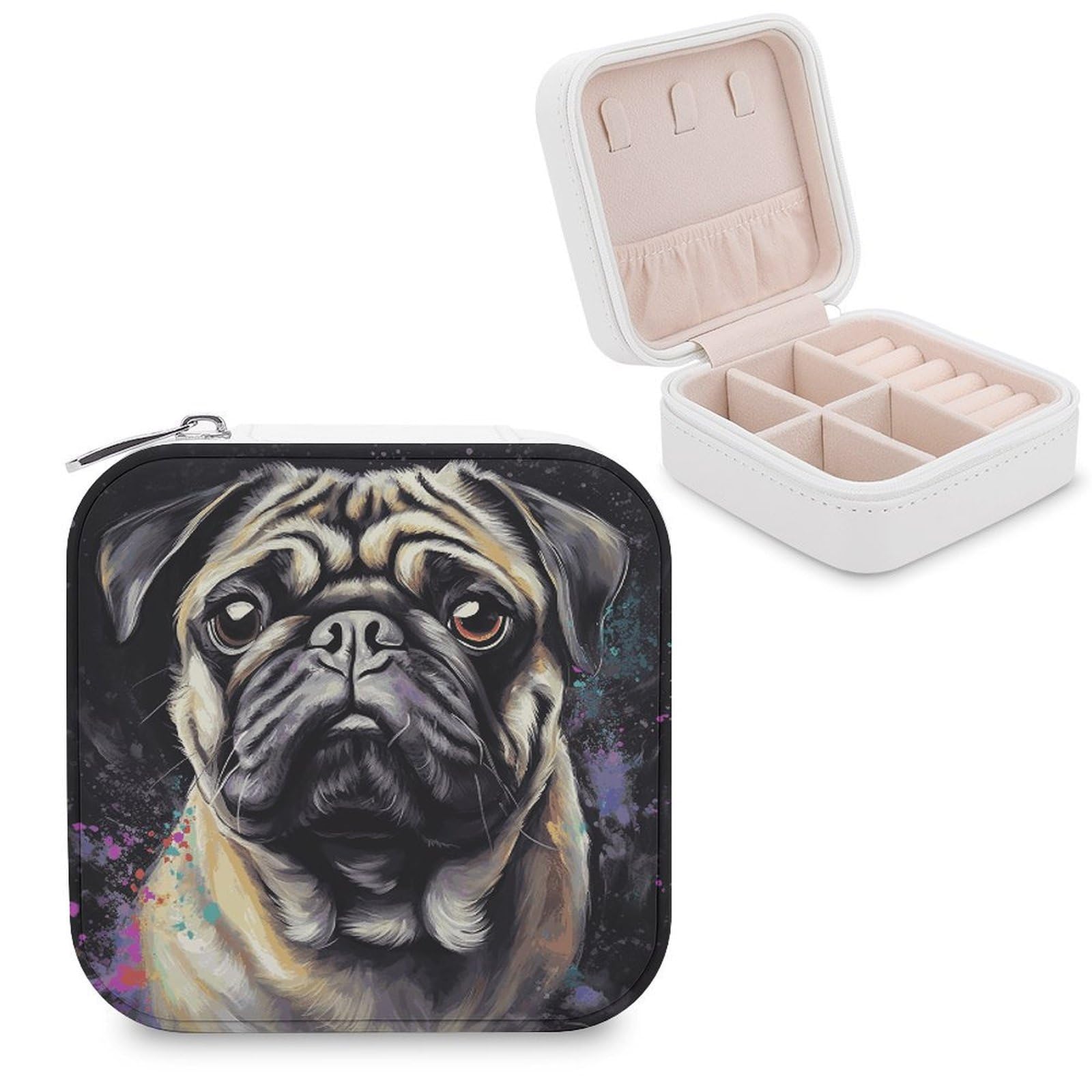 VstaDank Portrait Of Pug Jewelry Box Portable Mini Travel Case Display Storage Holder Boxes PU Leather Small Jewelry Organizer for Women for Stud Earrings Rings Necklaces Bracelets