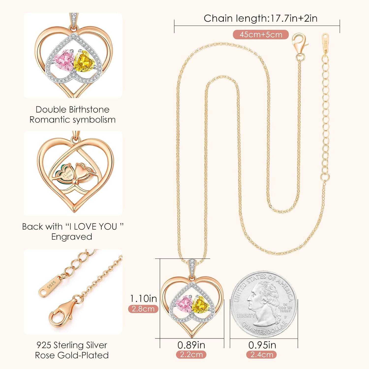 CDE Valentines Gifts for Women Rose Gold Double Birthstone Necklace for Women, Personalized Pendant Jewelry Mothers Day Birthday Gift for Mom Wife - Image 5