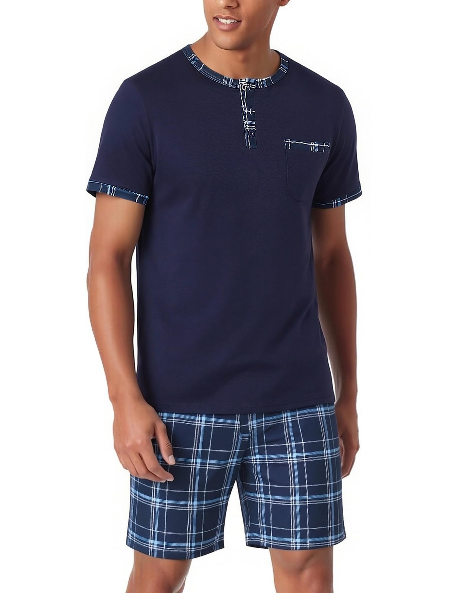 Litherday Pijama Hombre Verano Algodón Conjunto Corto 2 Piezas Camiseta Manga Corta Pantalón de Cuadros Ropa de Dormir Suave y Transpirable para Casa S-3XL