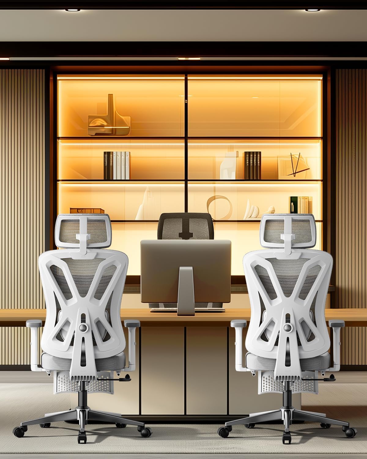 Hbada P5 Silla de Oficina ergonómica con Soporte Lumbar Ajustable, cojín elástico Transpirable, reposabrazos Ajustables y reposacabezas, Reposapiés Integrado, Negro (Aluminium, Blanco)
