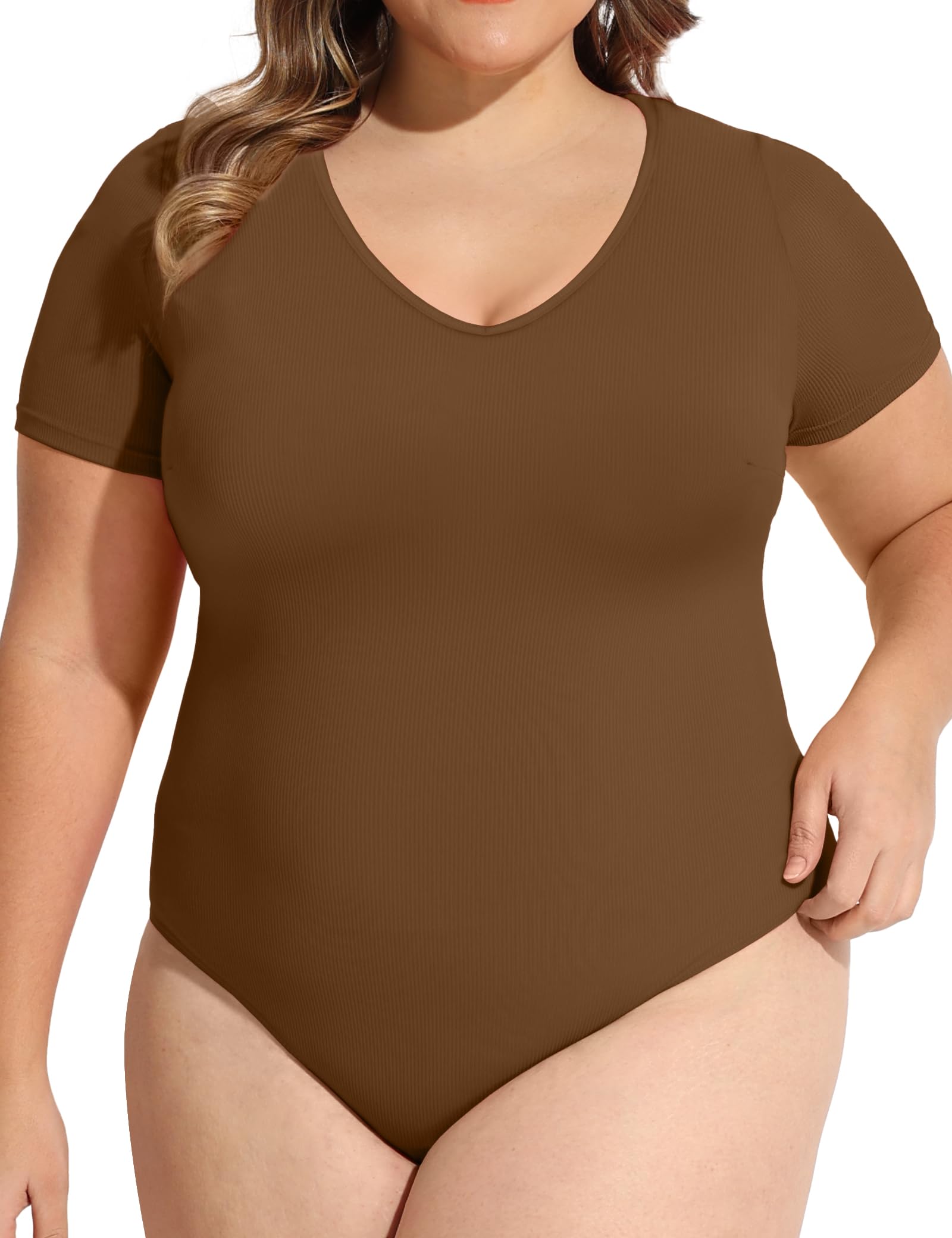 COOTRY Plus Size Short Sleeve Bodysuits for Women V Neck Body Suit Tops Basic One Piece Bodysuit T Shirt