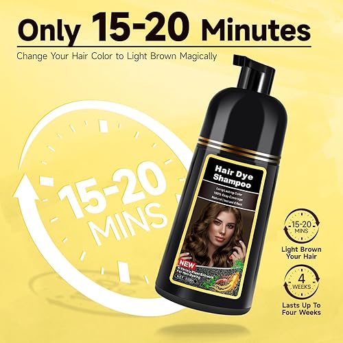 Miniatura 6 de Champú de tinte para el cabello, marrón claro, 3 en 1 para hombresmujeres, champú de control de color para cobertura de cabello gris, a base de