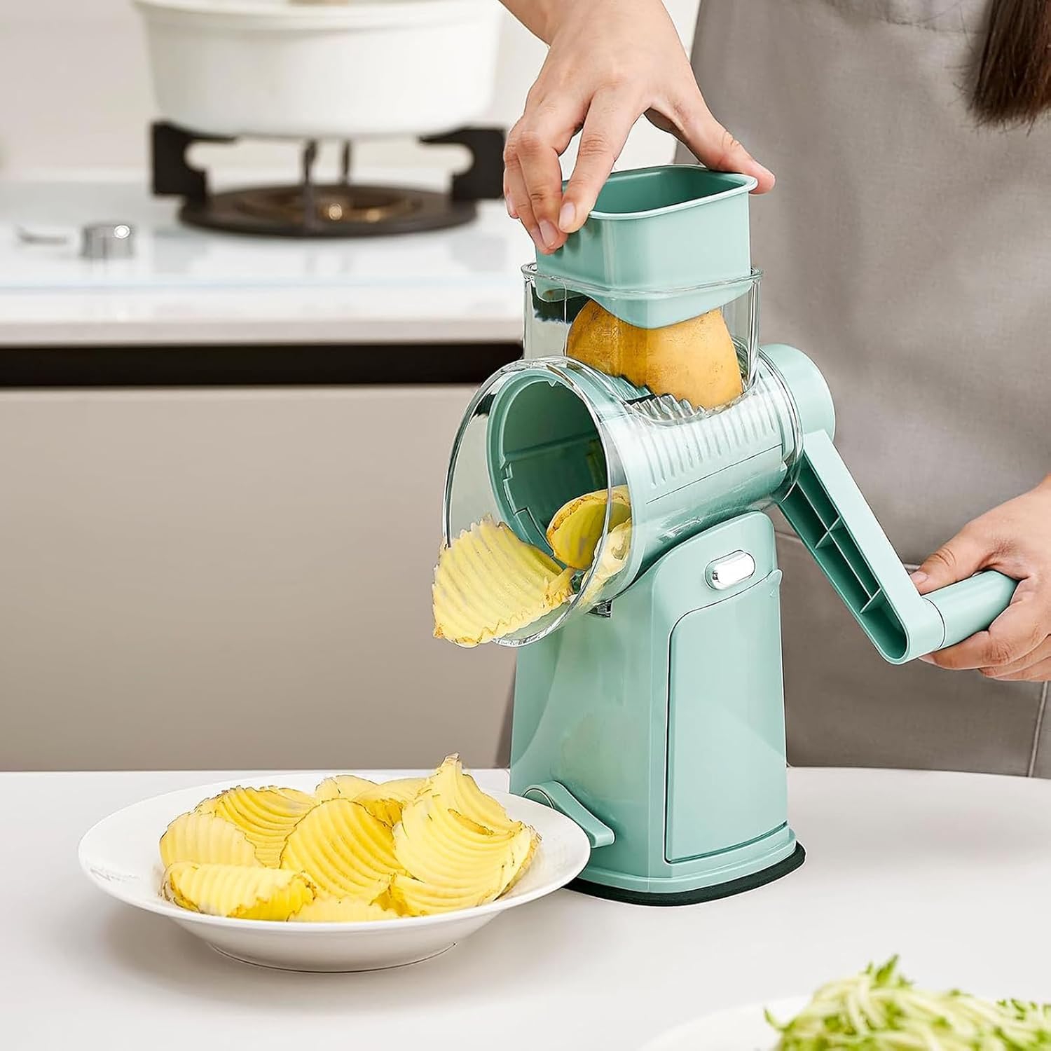 5 In 1 Cheese Grater, Rotary Cheese Grater with Handle, Easy Clean & Safe Kitchen Multifunctional Slicer Chopper with Suction Base, 5 Blades for Cheese, for Cheese, Nuts & Vegetables (Green)