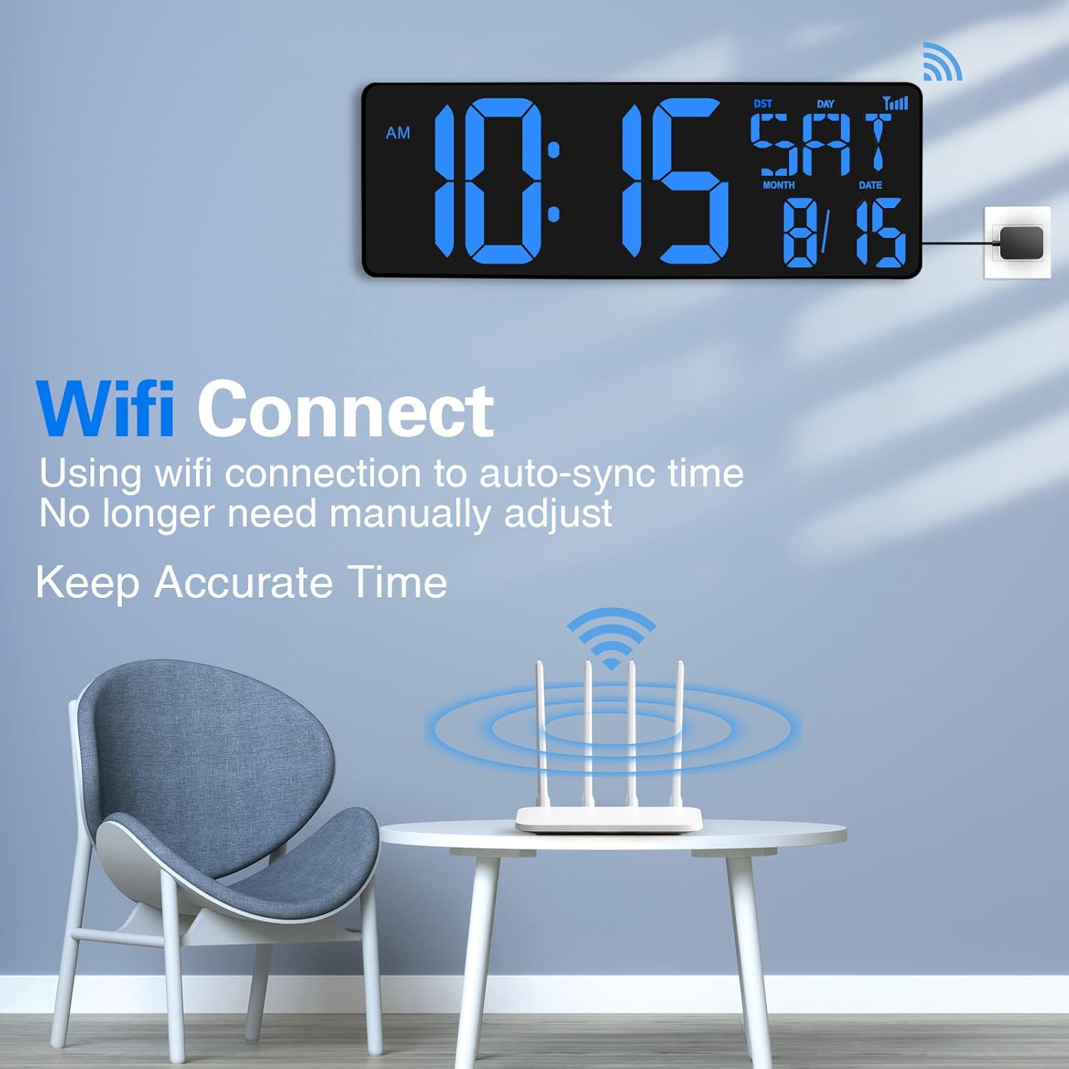 XREXS Large Digital Wall Clock with WiFi router illustration