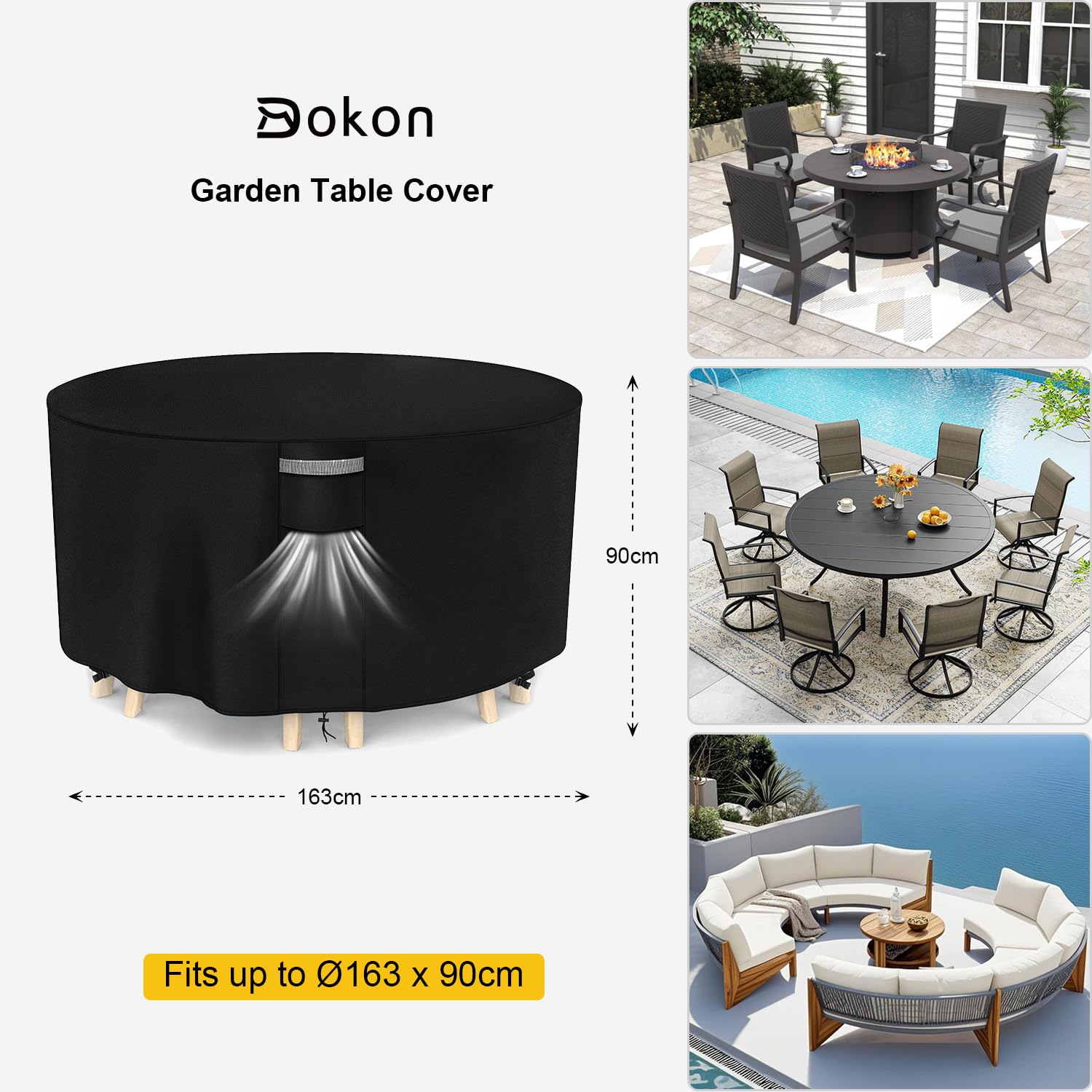 Dokon Copertura per Tavolo da Giardino Impermeabile Tessuto Oxford 420D Antivento Anti-UV Copertura Mobili Esterno con Prese d'Aria, Telo Copri Tavolo, Rotonda (Ø163x90cm) - Nero