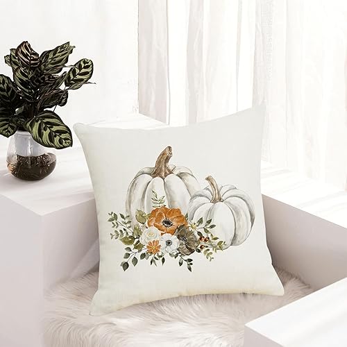 Miniatura 3 de Juego de 2 fundas de almohada decorativas de otoño de 18 x 18 pulgadas, diseño de hojas florales de calabaza blanca con acuarela, fundas de almohada