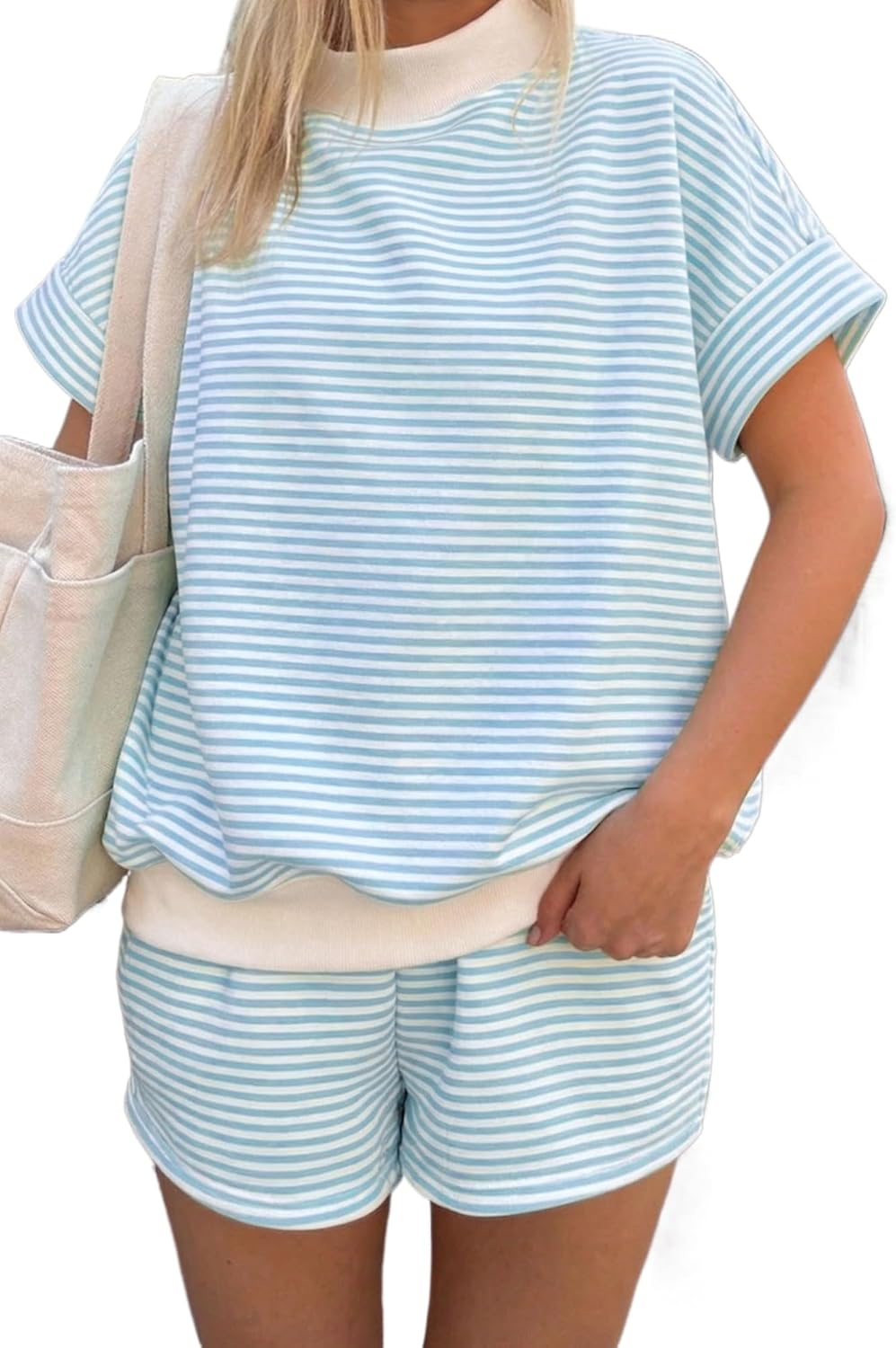 Women's Sky Blue Striped Short Set – Cuffed Sleeve Mock Neck Tee and Shorts, Casual 2-Piece Summer Outfit
