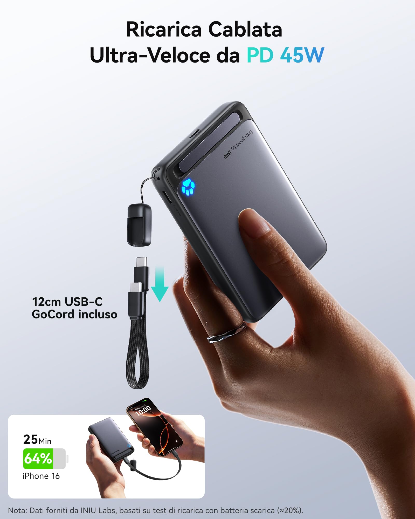 INIU Power Bank Magnetico, 45W 10000mAh mini Power Bank, Certificato Qi2, Caricabatterie Portatile con Cavo USB Type-C & Supporto, Powerbank Compatible con MagSafe Solo per iPhone Serie 16 15 14 13 12